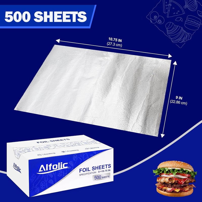 Alfolic Aluminum Foil Sheets - 9" x 10.75" Pre Cut Tin Foil, Premium Aluminum Foil Wraps for Cooking, Storing Food - 500 Sheets - Image 3